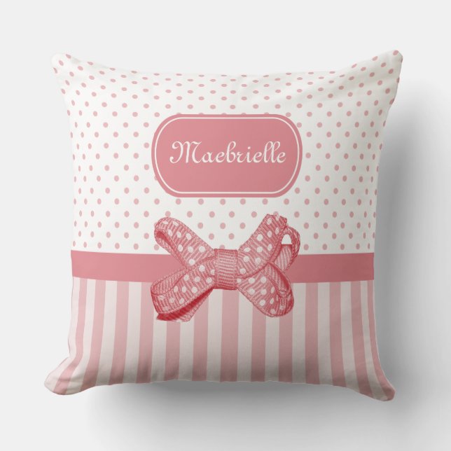 Girly Polka Dot Bow Niedliche rosa Streifen mit Na Kissen (Vorderseite)