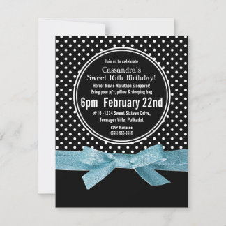 Girly Polka Dots Sweet 16 Blue Ribbon Einladung