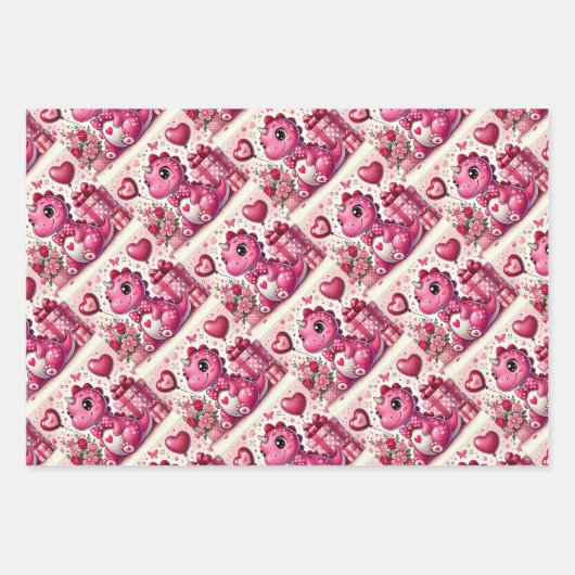 Girly Pop Dinosaur Valentinstag Geschenkpapier Set (Vorderseite)