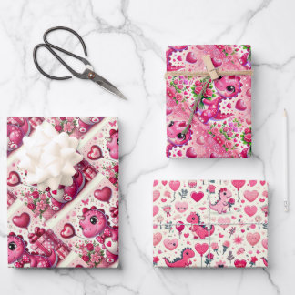Girly Pop Dinosaur Valentinstag Geschenkpapier Set