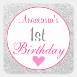 Girly Princess Pink & Silver Glitzer 1. Geburtstag Quadratischer Aufkleber