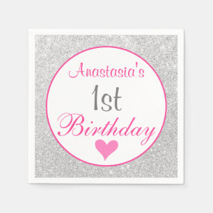 Girly Princess Pink & Silver Glitzer 1. Geburtstag Serviette