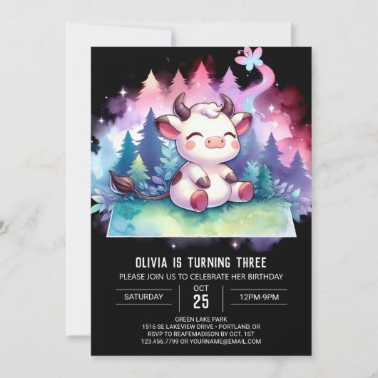 Girly Printable Cow Birthday Einladung (Vorderseite)