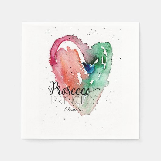 Girly 'Prosecco Princess' Wasserfarbenherz Serviette (Vorderseite)
