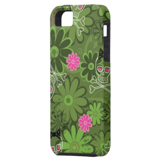 Girly Punkschädel auf Blumen-Camouflagehintergrund Case-Mate iPhone Hülle (Rückseite Links)