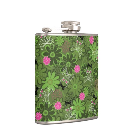 Girly Punkschädel auf Blumen-Camouflagehintergrund Flachmann (Rechts)