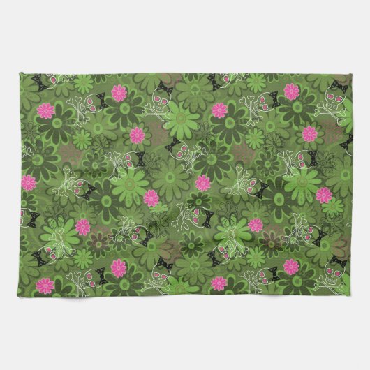 Girly Punkschädel auf Blumen-Camouflagehintergrund Geschirrtuch (Horizontal)