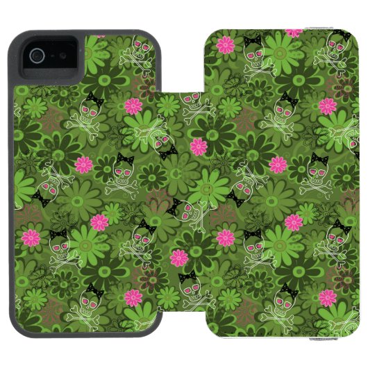 Girly Punkschädel auf Blumen-Camouflagehintergrund Incipio iPhone Geldbeutel-Hülle (Folio Geöffnet)