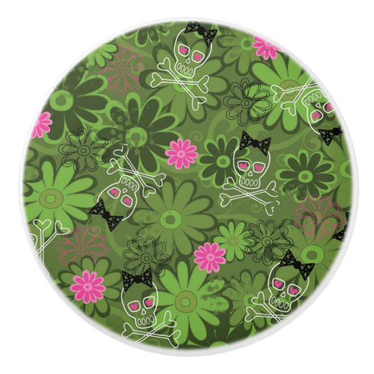 Girly Punkschädel auf Blumen-Camouflagehintergrund Keramikknauf (Vorderseite)