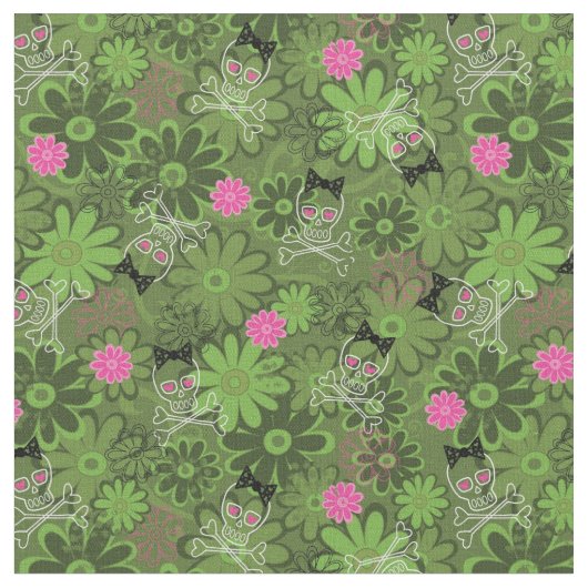 Girly Punkschädel auf Blumen-Camouflagehintergrund Stoff (Nahaufnahme)