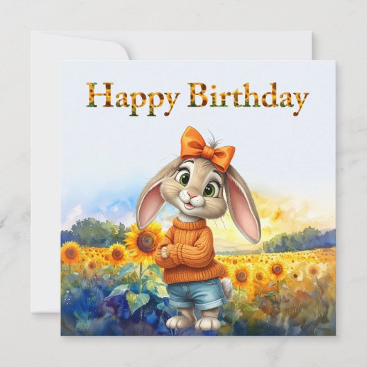 Girly rabbit sunflower field Happy Birthday (Vorderseite)
