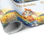 Girly rabbit sunflower field Happy Birthday Geschenkpapier (Rolleneckpunkt)