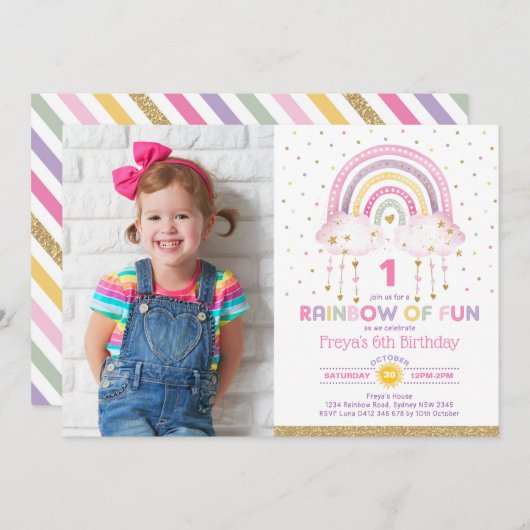 Girly Rainbow Clouds Confetti Pink Gold Geburtstag Einladung (Vorne/Hinten)