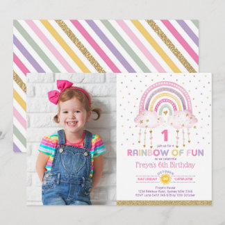 Girly Rainbow Clouds Confetti Pink Gold Geburtstag Einladung
