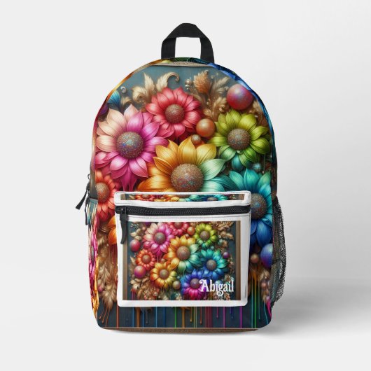 Girly Rainbow Flowers with Glitter Drips Backpack Bedruckter Rucksack (Vorderseite)