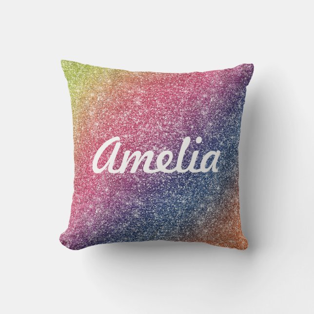 Girly Rainbow Glitzer Monogram Name Throw Cushion Kissen (Vorderseite)