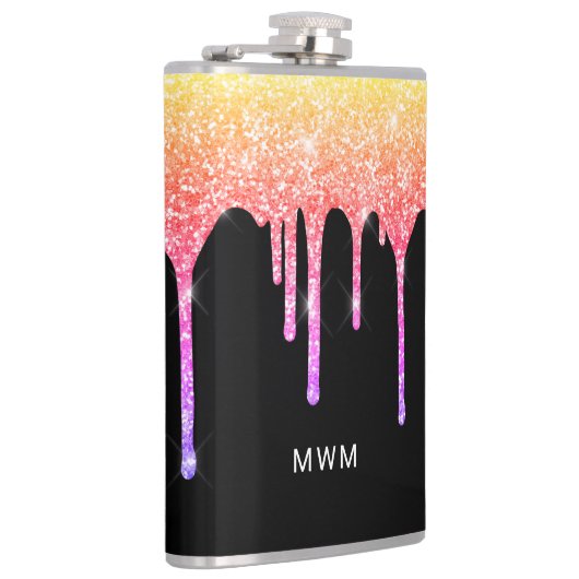 Girly Rainbow Glitzer Tropfen Sparkle Monogram Flachmann (Rechts)