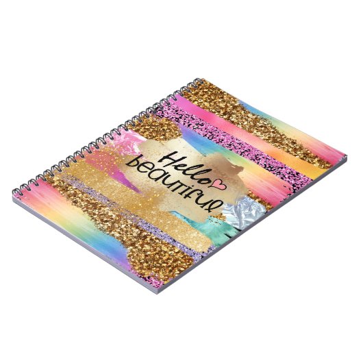 Girly rainbow gold glitter hello beautiful heart notizblock (Linke Seite)