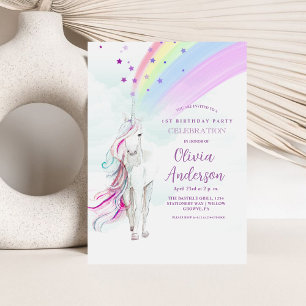 Girly Rainbow Magic Unicorn Stars Geburtstagsparty Einladung