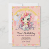Girly Rainbow Pastel Pink Kawaii Unicorn Geburtsta Einladung (Vorderseite)