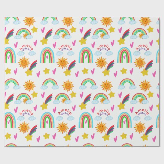 Girly Rainbow Sun Star Name Pattern for Kids Geschenkpapier (Flach)