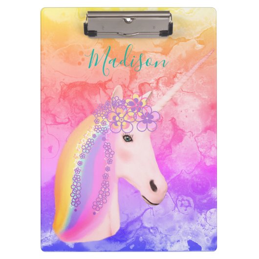 Girly Rainbow Unicorn Magical Fun Wasserfarbname Klemmbrett (Vorderseite)