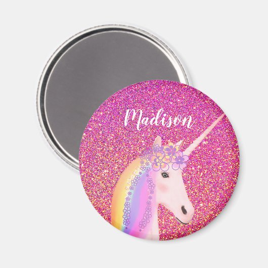 Girly Rainbow Unicorn Rosa Glitzer Personalisiert Magnet (Vorderseite/Rückseite)