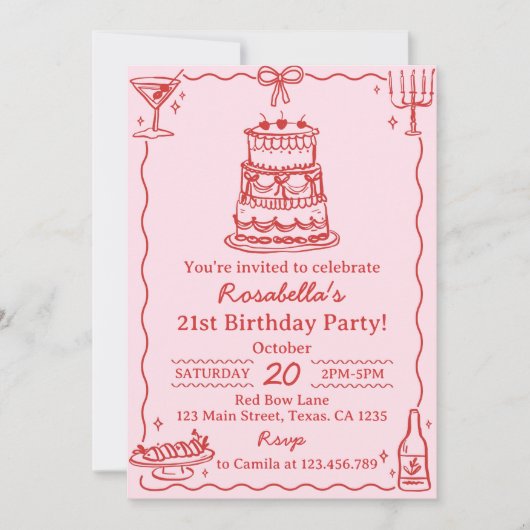Girly Red and Pink Bow Cake Birthday Invitation Einladung (Vorderseite)