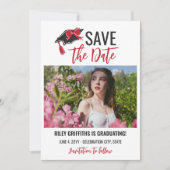 Girly Red Bow & Cap Abschluss Save The Date (Vorderseite)