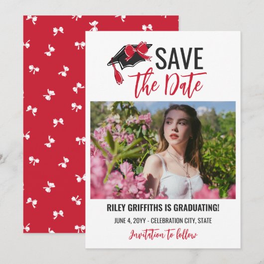 Girly Red Bow & Cap Abschluss Save The Date (Vorne/Hinten)