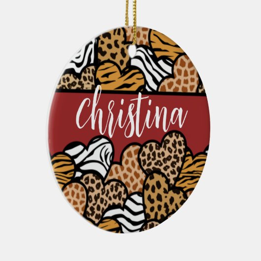 Girly Red Playful Animal Print Herds Name Keramik Ornament (Rechts)