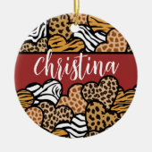 Girly Red Playful Animal Print Herds Name Keramik Ornament (Vorne)