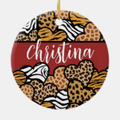 Girly Red Playful Animal Print Herds Name Keramik Ornament (Hinten)