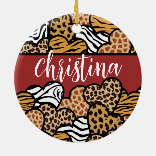 Girly Red Playful Animal Print Herds Name Keramik Ornament (Hinten)