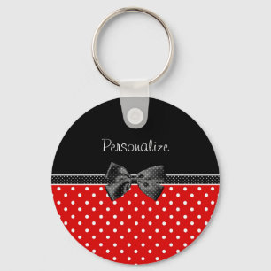 Girly Red und Black Polka Dots mit Bow und Name Schlüsselanhänger