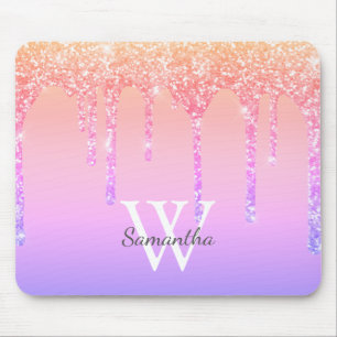 Girly Regenbogen Glitter Funkeln Tropfen Monogramm Mousepad
