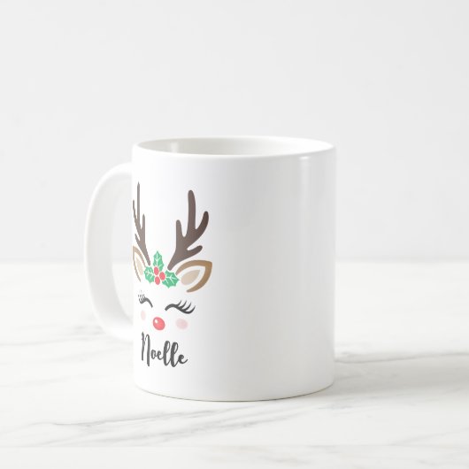Girly Reindeer Face Personalisierter Name Weihnach Kaffeetasse (Vorderseite Links)