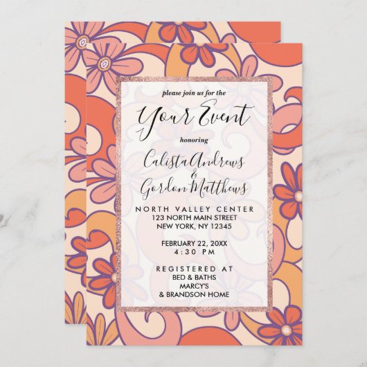 Girly Retro Pink Orange Groovy Blume Einladung (Vorne/Hinten)