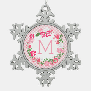 Girly rosa Blumenwreath-personalisiertes Monogramm Schneeflocken Zinn-Ornament