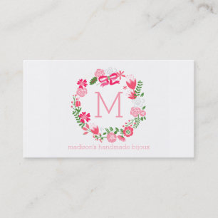 Girly rosa Blumenwreath-personalisiertes Monogramm Visitenkarte