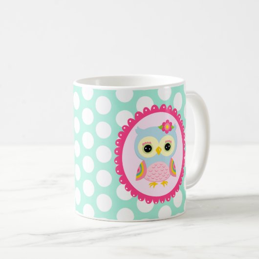 Girly rosa Eulen-Blumen-u. Kaffeetasse (VorderseiteRechts)