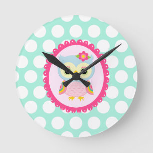 Girly rosa Eulen-Blumen-u. Runde Wanduhr