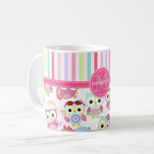Girly rosa Eulen-niedliches Muster PersCustomize Kaffeetasse (Vorderseite Links)
