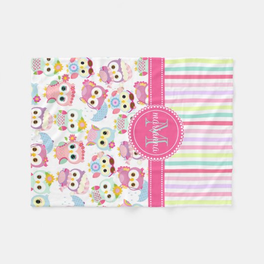 Girly rosa Eulen-niedliches Muster personalisiert Fleecedecke (Vorderseite (Horizontal))