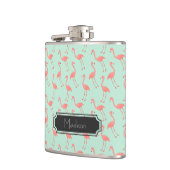 Girly rosa Flamingo-Muster | addieren Ihren Namen Flachmann (Links)