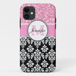 Girly, Rosa, Glitter Schwarzes Damast personalisie Case-Mate iPhone Hülle
