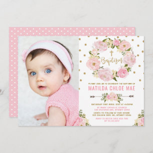 Girly rosa GoldAquarell-BlumenKranz-Taufe Einladung
