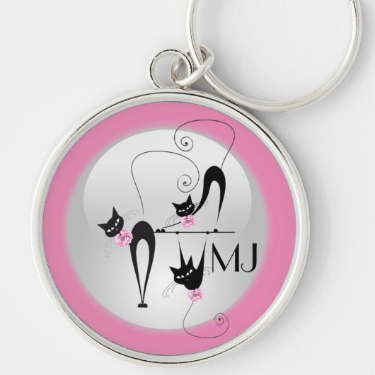 Girly rosa Monogramm der schwarzen Katze Schlüsselanhänger (Vorne)
