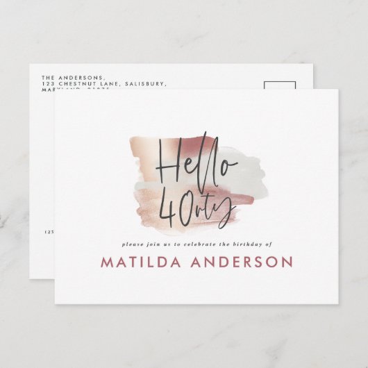 Girly rosa Rosa Gold, modern 40. Geburtstag Einladungspostkarte (Vorne/Hinten)