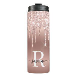 Girly Rosa Roségold Glittertropfen Ombre Monogramm Thermosbecher